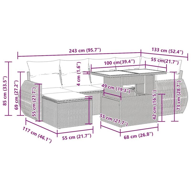 vidaXL Patio Sofa Set with Cushions Outdoor Furniture 7 Piece Poly Rattan
