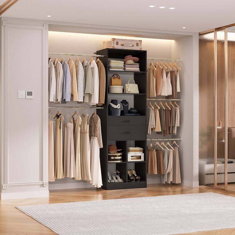 66''-100'' Walk-in Closet Organizer with 5 Hanging Rods and 2 Wooden Drawers，4-8FT Sturdy Closet System with Storage Shelves - Black