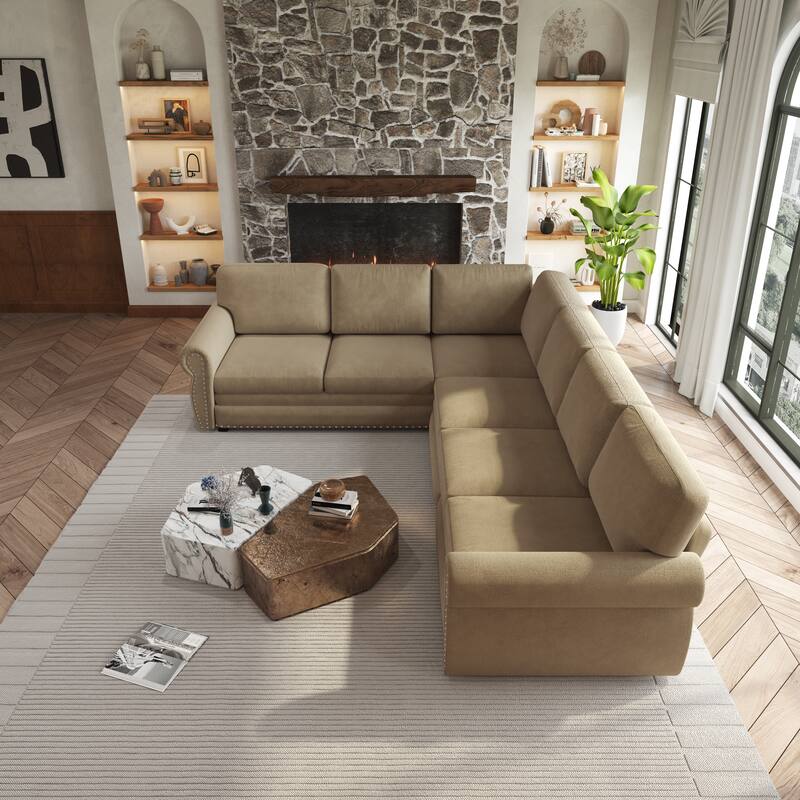 L-Shaped Sectional Sofa with Pull-Out Bed, Oversize Convertible Sleeper Sofa with Rolled Arms, Chenille Upholstery