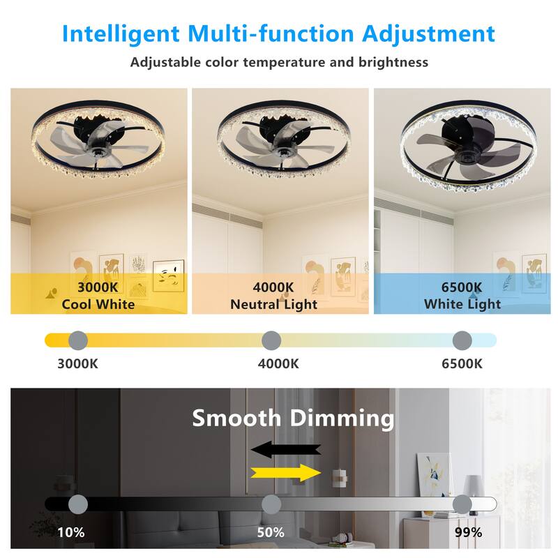 LunaDrift 16"20"24" Modern Black Crystal Smart Flush Mount Ceiling Fan with Light, Dimmable Bedroom Ceiling Fan w/Remote