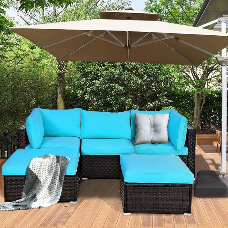 Costway 5PCS Patio Rattan Sectional Conversation Set Ottoman Turquoise - 5-Piece Sets