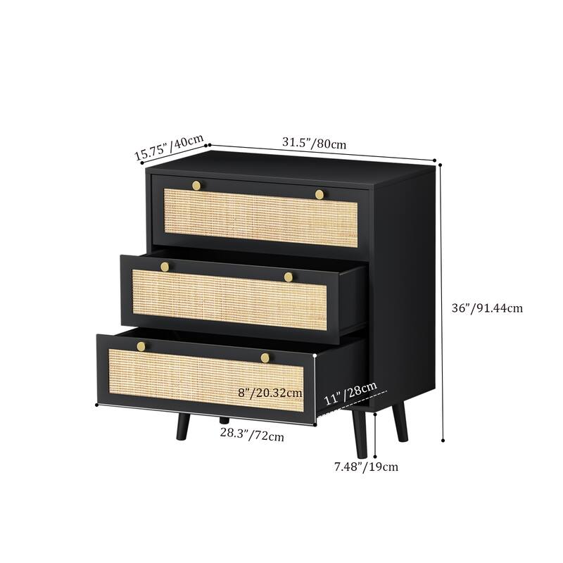 Anmytek Modern 3-Drawer Black Dresser Rattan Chest of Drawers for Bedroom