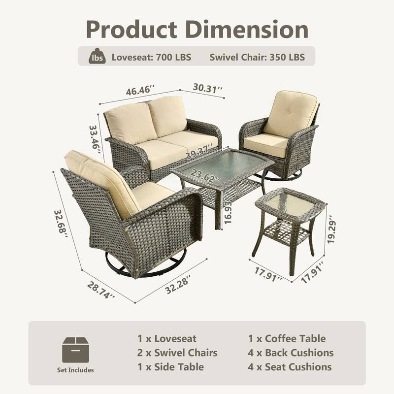 OVIOS 5 Piece Outdoor Wicker Loveseat Rocking Chair Set