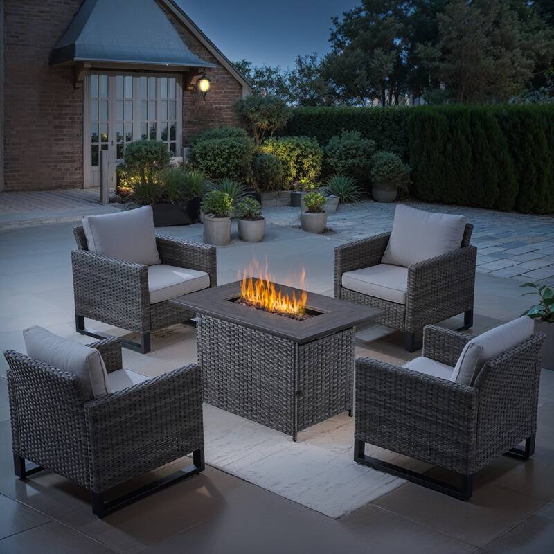 Outdoor Club Chair with Fire Pit Table - Beige cushion - Grey - Beige - Grey