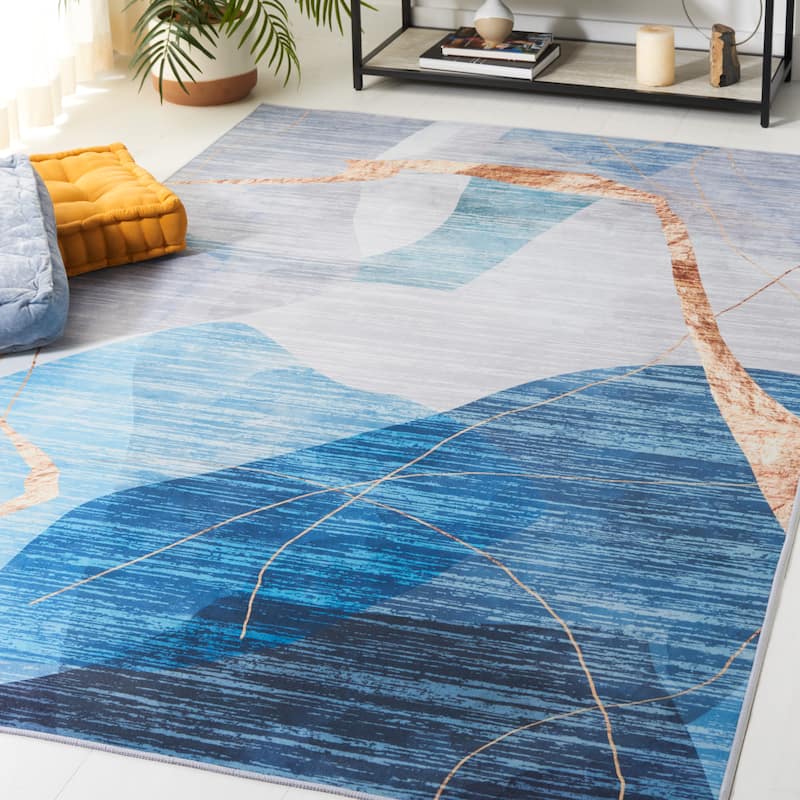 SAFAVIEH Tacoma Machine Washable Slip Resistant Maudie Mid-Century Modern - 9' x 12' - Blue/Gold - Rectangle