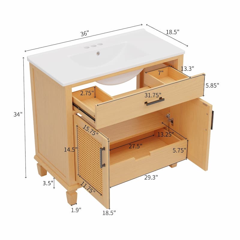 36" Rattan Bathroom Vanity with Ceramic Sink, Modern Bathroom Sink Cabinet with 2 Soft Close Doors and 3 Drawers