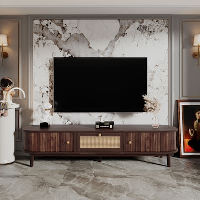 Roomfitters 75" TV Stand with Rattan Drawer, Media Console with 1 Drawer and 2 Sliding Cabinets, Modern Design, Dark Brown