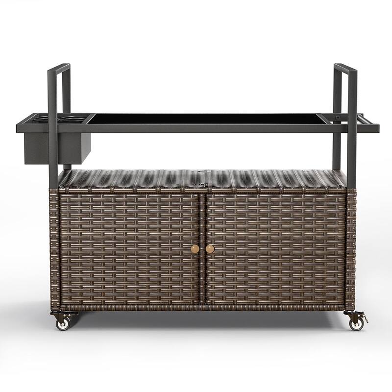 Outdoor Grill Cart Table with Wheels, Wicker Kitchen Island