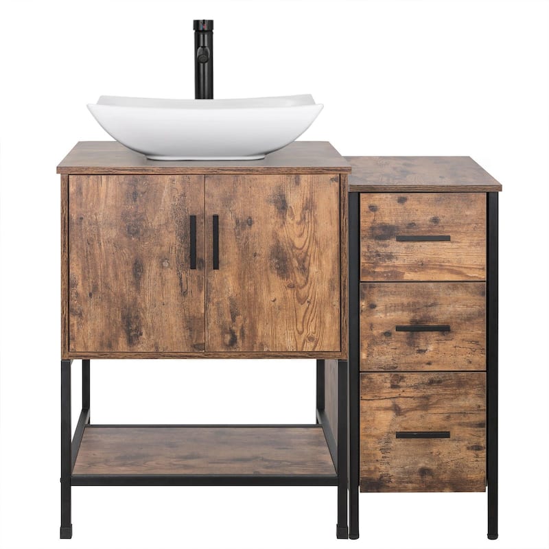 36" Bathroom Vanity Set Organizer Top Vessel Sink W/ Faucet Drain Cabinet Combo