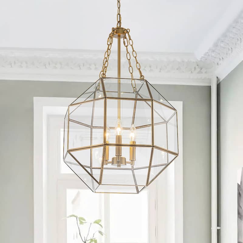 Modern 3-Light Polygonal Cube Clear Glass Metal Lantern Chandelier - 18.1in