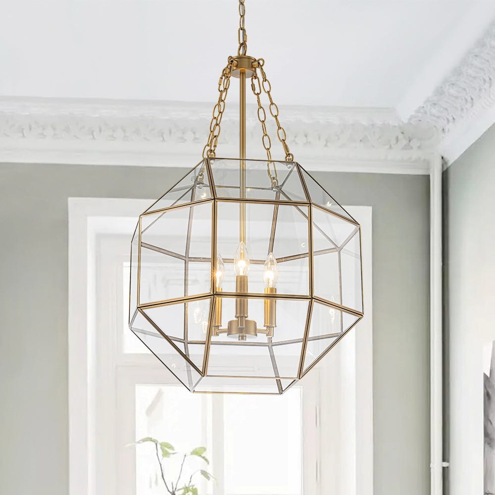 Modern 3-Light Polygonal Cube Clear Glass Metal Lantern Chandelier - 18.1in