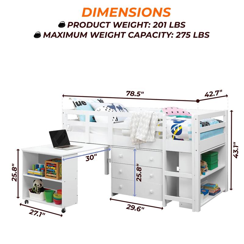 Twin Size Low Loft Bed with Desk and Storage - Kids Pine Wood Loft Bed with Cabinet and Study Space