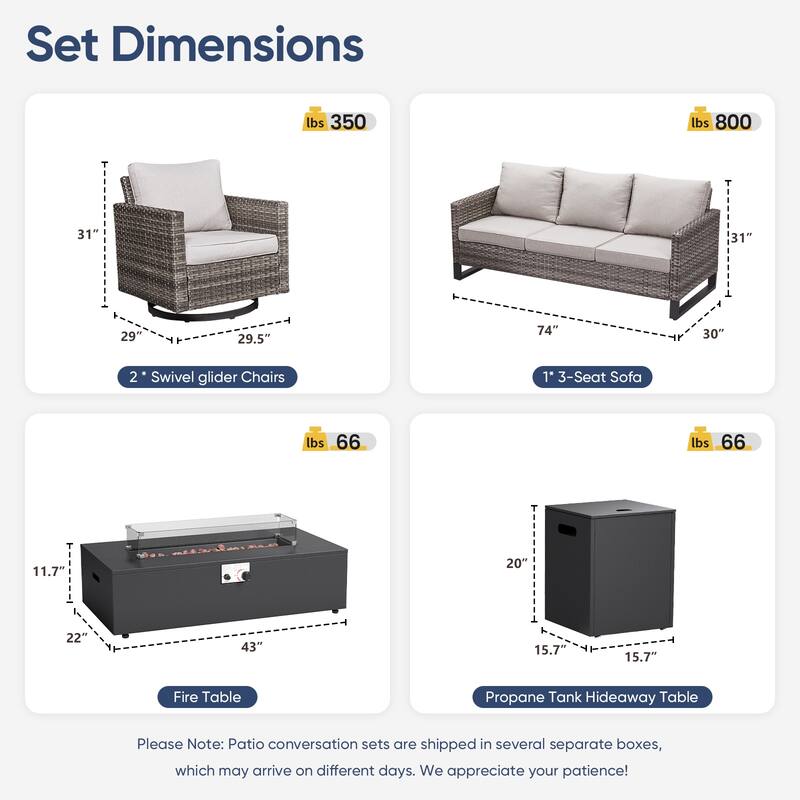 Pocassy 5 Piece Ptio Sofa Swivel Chair with Fire Pit Table