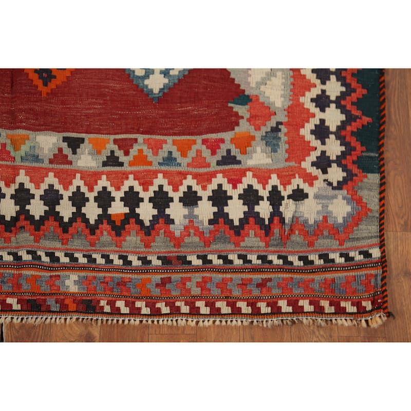 Tribal Kilim Qashqai Persian Vintage Rug Hand-Woven Red Wool Carpet - 5'0"x 6'8"