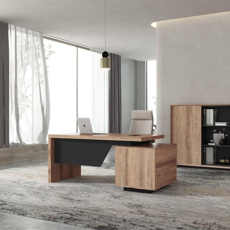 WESOME Modern Width Adjustable Executive Desk with Storage Cabinet