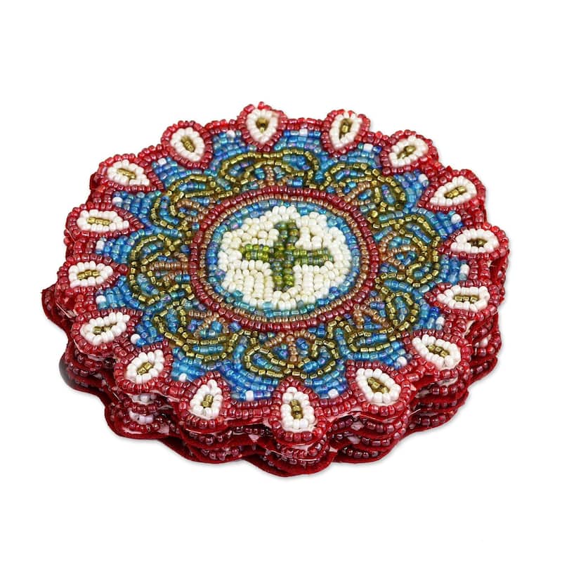 NOVICA Artisan Handblown Glass Beaded Coaster From India Multicolor Floral Barware 'Floral Brilliance' (Set of 4)