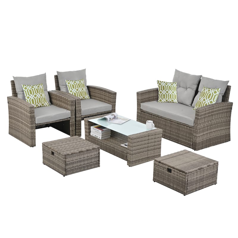 Patio Seasonal PE 6 piece Wicker set With Tempered Glass Coffee Table - N/A
