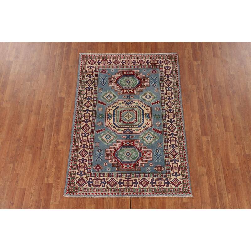Light Blue Geometric Kazak Area Rug Hand-Knotted Wool Carpet - 4'0" x 5'10"