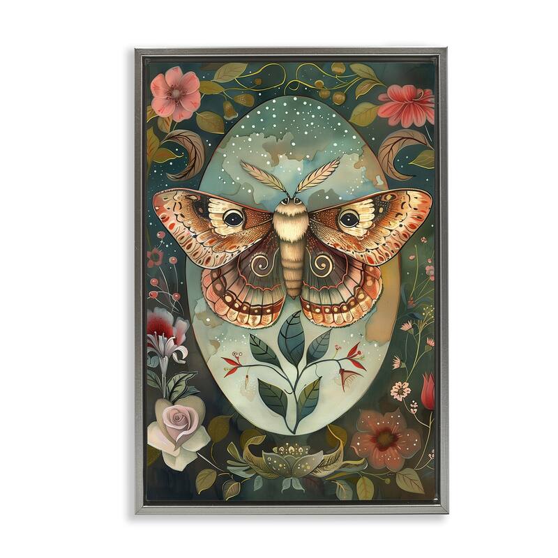 Stupell Moth with Blooming Florals Framed Floater Canvas Wall Art Design By The Dutch Lady - 21 x 31 - Grey