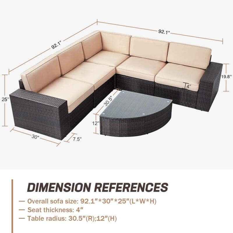 Suncrown Outdoor 6-piece Brown Rattan Sectional Sofa Set with Table