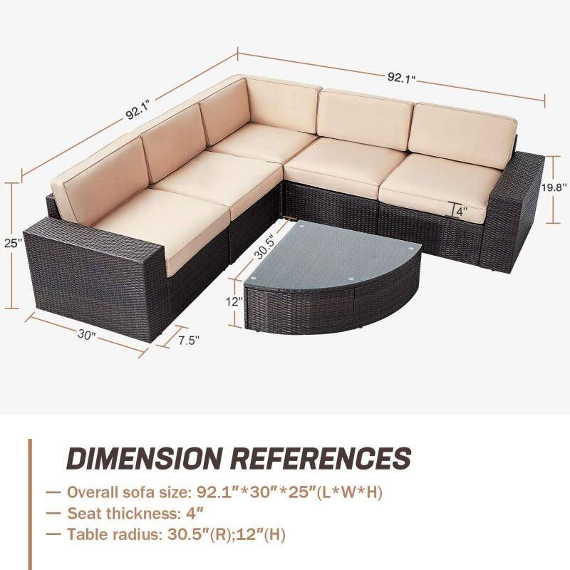 Suncrown Outdoor 6-piece Brown Rattan Sectional Sofa Set with Table