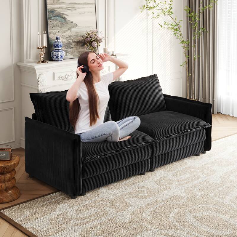 Corduroy Fabric Loveseat Sofa Couch for Living Room, Upholstered Large Size Deep Seat 2-Seat Sofa with 2 Pillow - Black