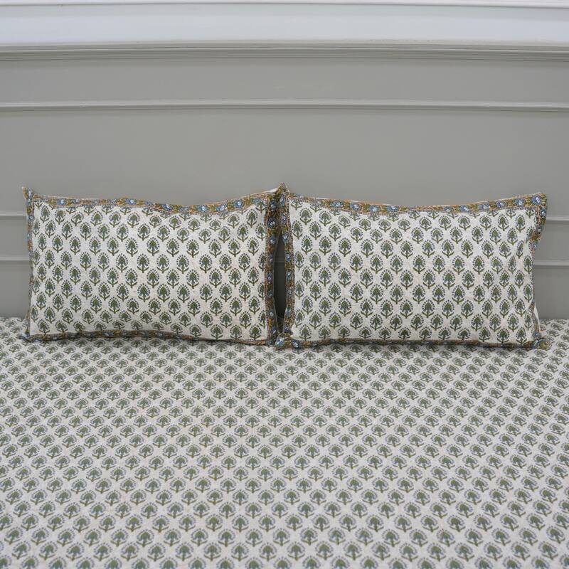 Fabdivine Handmade Block Print Flat Sheet or Bed Sheet Cotton Fabric Floral Home Decor - Gurukul- Blue, Green - Twin XL