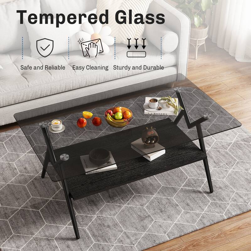 Rectangle Coffee Table with Tempered Glass Top and Shelf