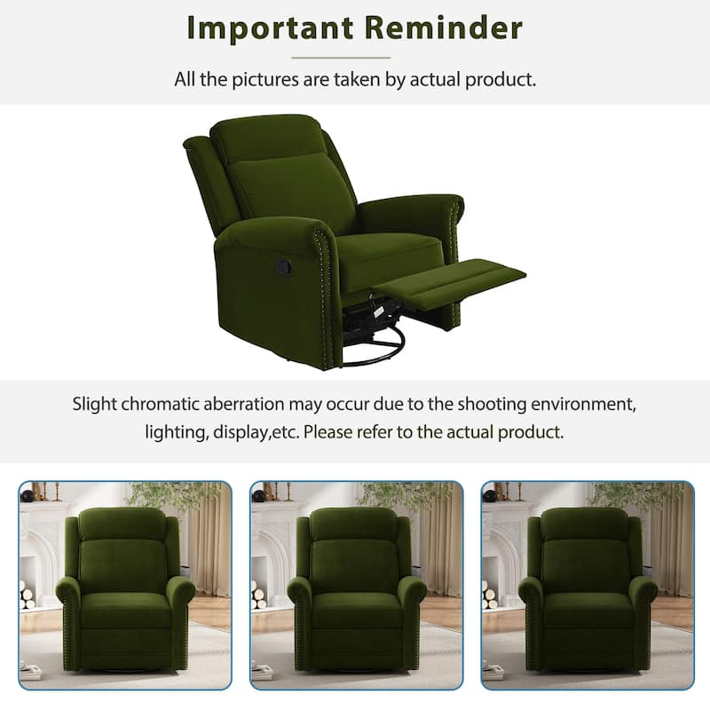 Home Theater Swivel Recliner Chair, Manual Rocking Nursery Rocker w/Adjustable Backrest Rolled Arms Lounge Chair with Rivet Trim