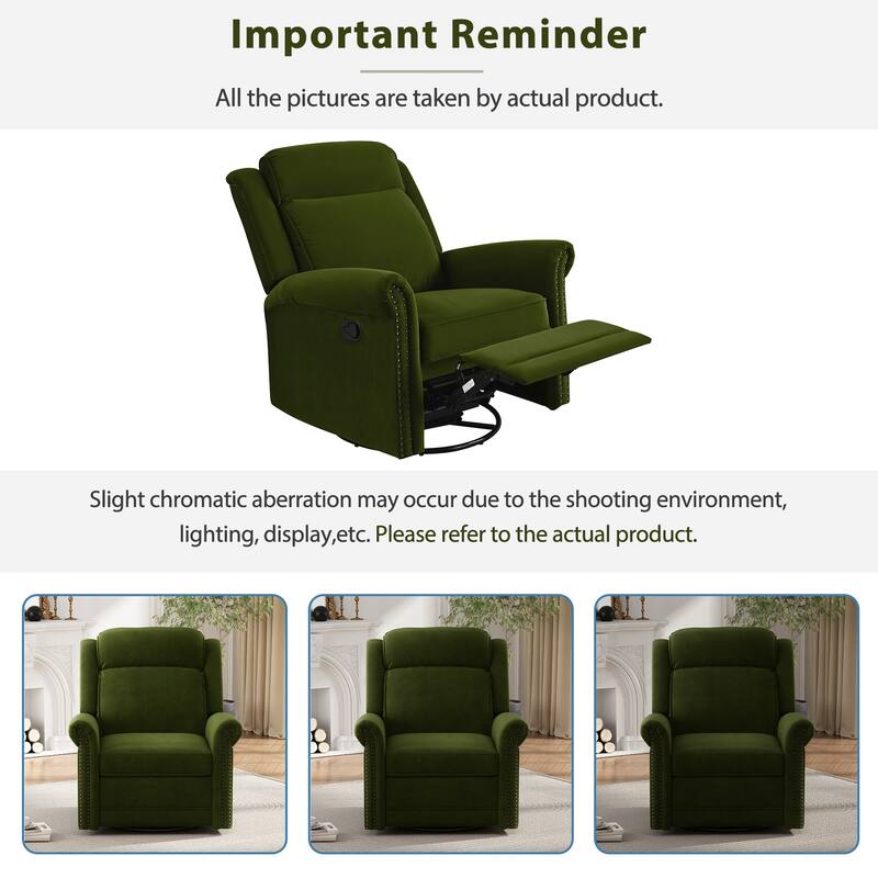 Roomfitters 360 Degree Swivel Rocking Recliner Chair with Adjustable Backrest, Velvet Nursery Glider