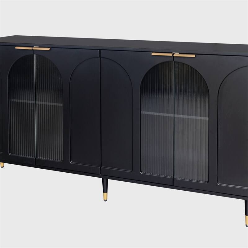 Accent Cabinet Black Lacquered Wooden Cabinet w/ 4 Glass Doors Buffet