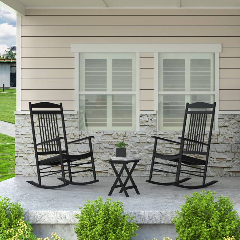 VEIKOUS 3-Piece Outdoor Rocking Chair Set with Folding Table for Patio and Porch - Black