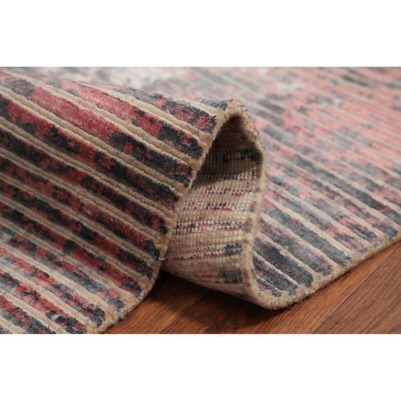 Hand Knotted Oriental Viscose Silk Carpet Modern Stripe Coral Abstract Area Rug - 6' 6'' X 4' 9''