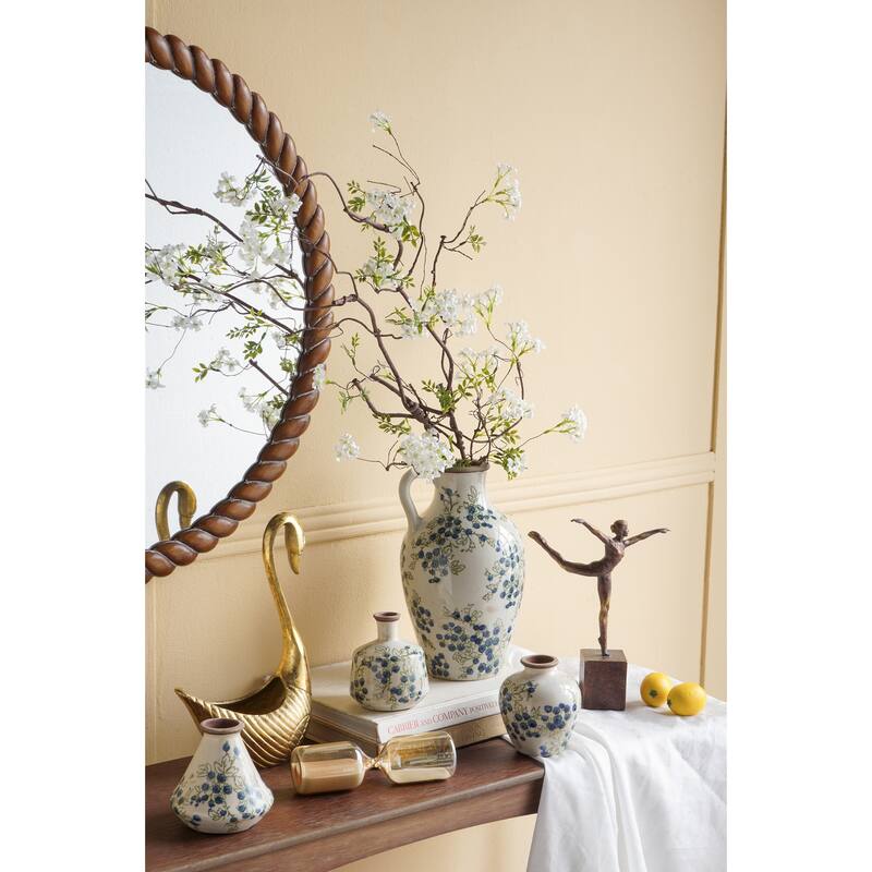 7.5x7.3x12" White Ceramic Vase With Blue Berry Motif