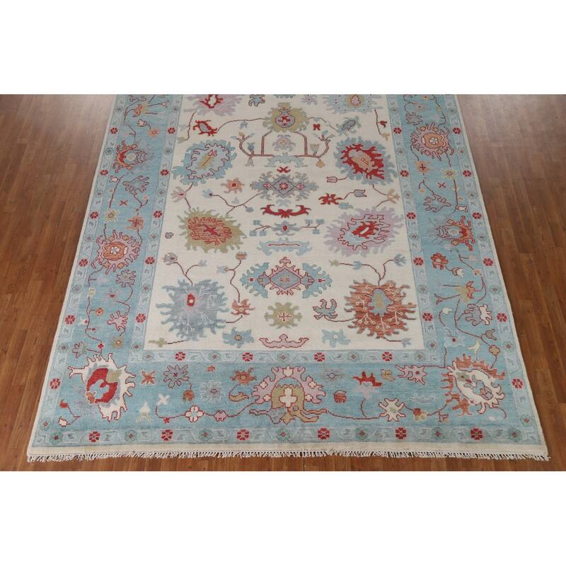 Floral Ivory Oushak Oriental Area Rug Hand-Knotted Wool Carpet - 9'1"x 12'0"