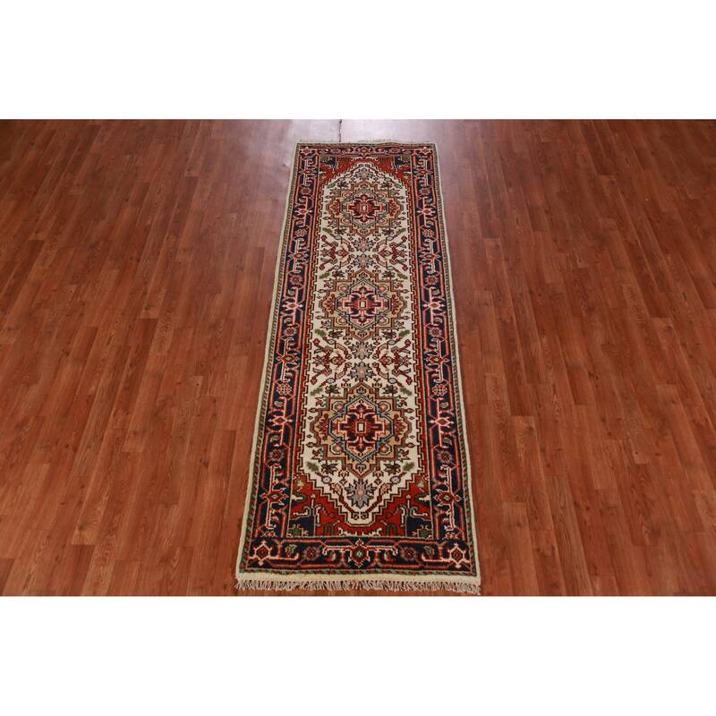 Hand Knotted Oriental 100% Wool Carpet Traditional Geometric Beige & Ivories Heriz (serapi) Runner Rug - 7' 10'' X 2' 7''