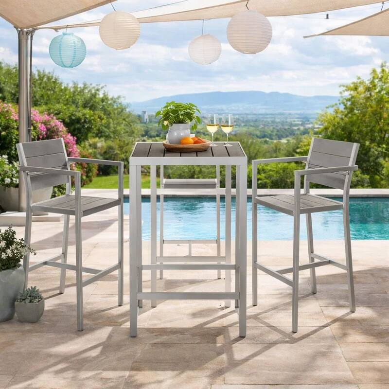 Kylo 5 Piece Bar Table Set, Gray Polyresin Backs and Seats, Aluminum Frame