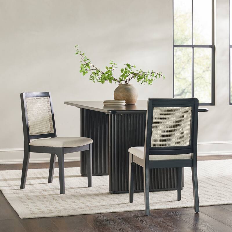 Set of 2 Modern Wood Material Dining Chair with Natural Rattan Black Beige