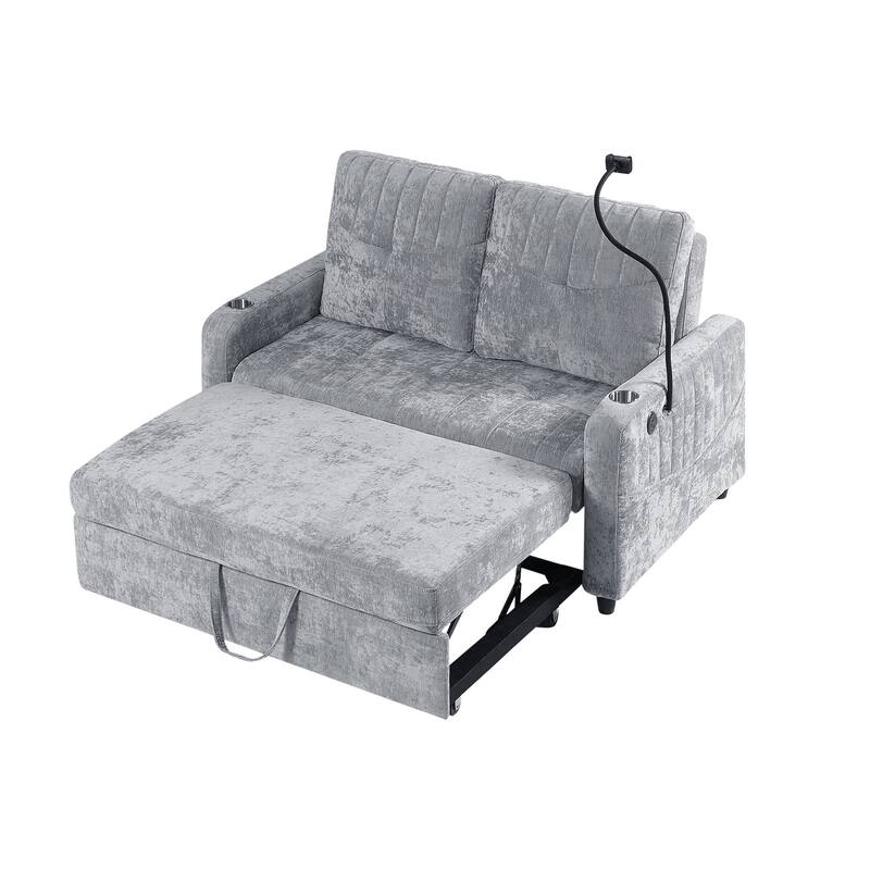 Chenille Loveseat Convertible Pull-out Sleeper Sofa Bed, Tufted Couch w2 Cup Holders Phone Holder & 3 USB Ports, Pockets