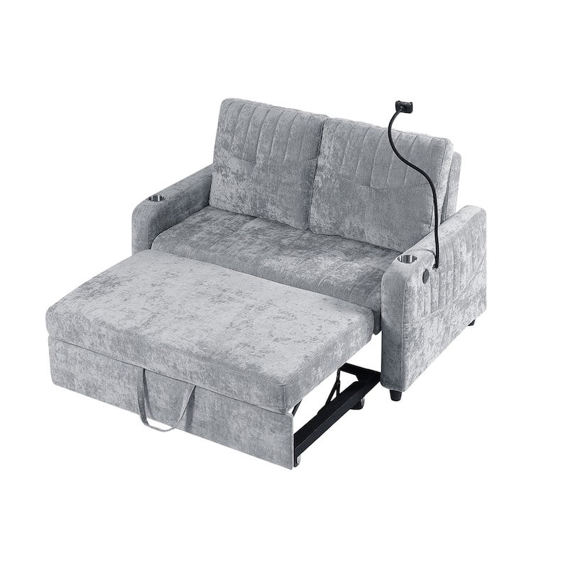 Multi-Functional Sleeper Sofa Pull-Out Loveseat with USB Charging, Sofa Bed with Adjustable Backrest and Storage Pockets