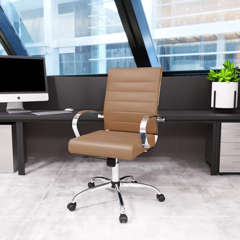 Benmar Leather Ribbed Office Chair with Chrome Frame, Adjustable Height, Tilt Lock, 360° Swivel, and Smooth Rolling Casters