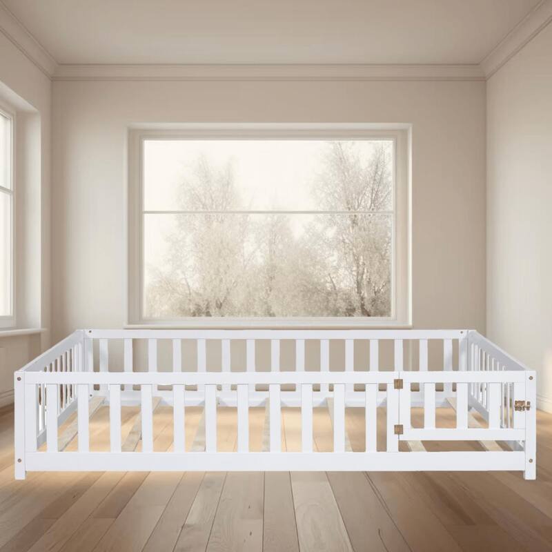 Full Size Montessori Floor Platform Bed with Safety Fence and Door, Sturdy Wooden Platform Bed for Toddlers, Bedroom Furniture
