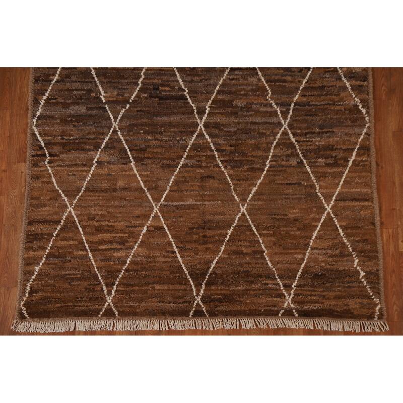 Hand Knotted Oriental 100% Wool Carpet Modern Trellis Brown Moroccan Area Rug - 6' 8'' X 5' 1''