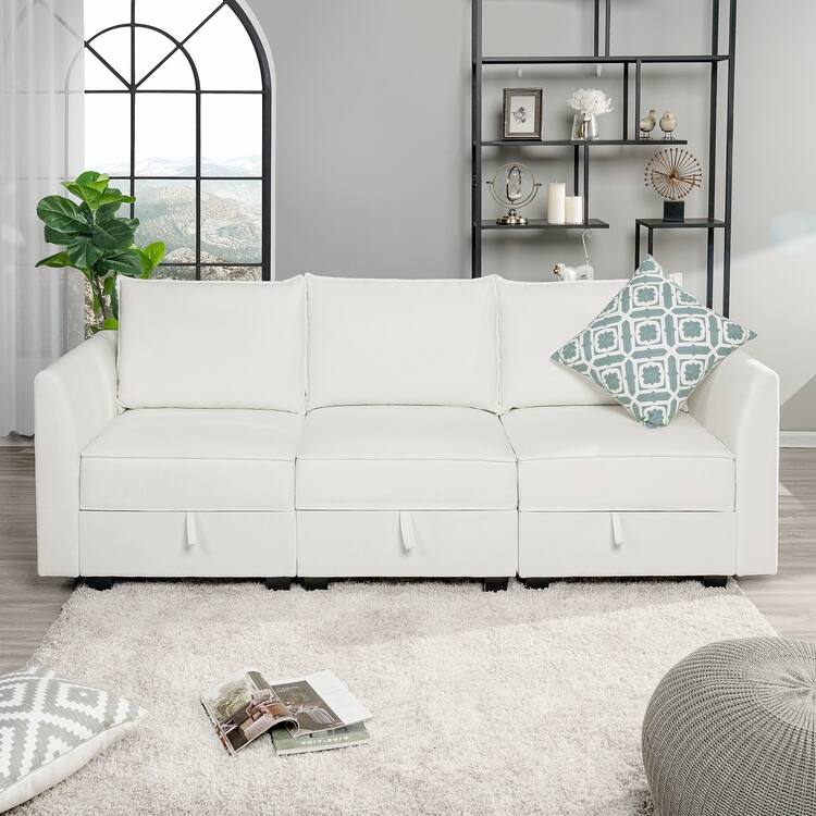 Modern Modular DIY Collection - Sturdy Wooden Frame - Versatile & Stylish Furniture for Living Room Bedroom - 3- Seater Sofa, White