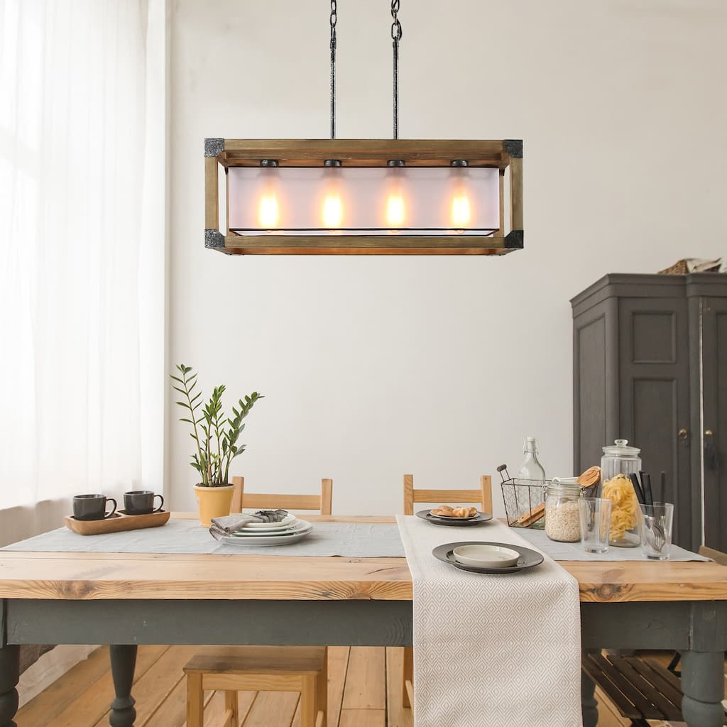 Farmhouse Rustic 4-Light Wood Chandelier for Kitchen Island - L27.5"x W10"x H10"