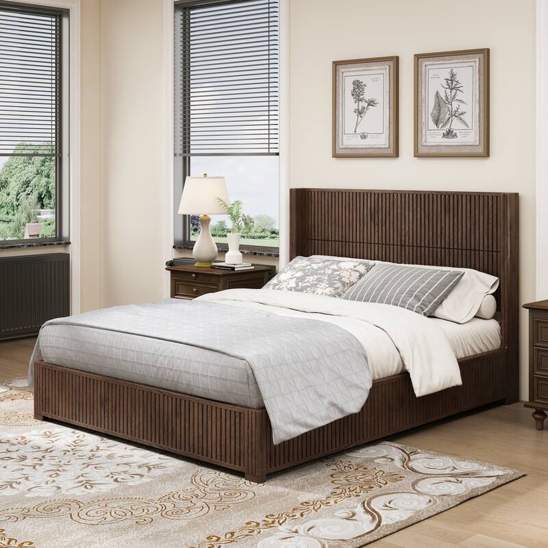 GDFStudio - Modern Solid Wood Low-Profile Platform Bed Frame with Fluted Headboard, Heavy-Duty Support & No Box Spring Needed