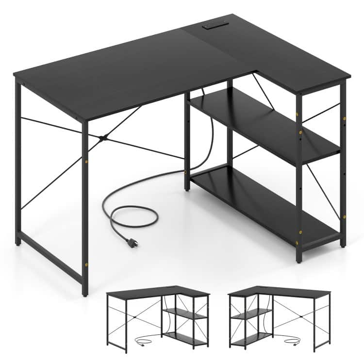 L-Shaped Engineered Wood Corner Desk with Charging Ports and Shelves - Black
