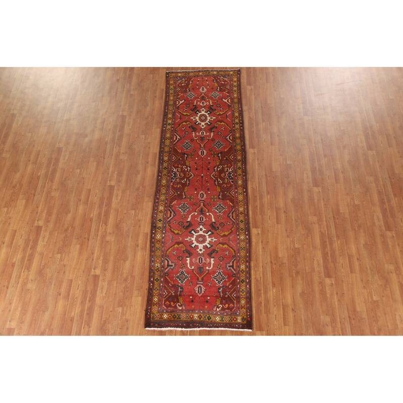 Hand Knotted Oriental 100% Wool Carpet Traditional Geometric Red Heriz Runner Rug - 10' 8'' X 3' 2''