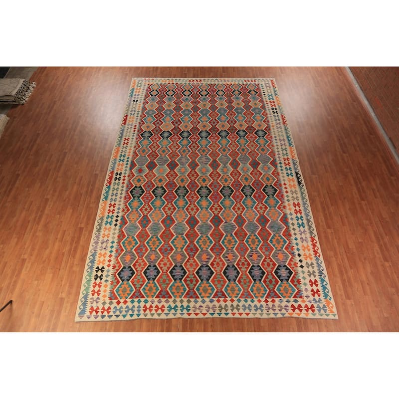 Geometric Kilim Oriental Large Rug Hand-Woven Tribal Wool Carpet - 10'6"x 16'3"