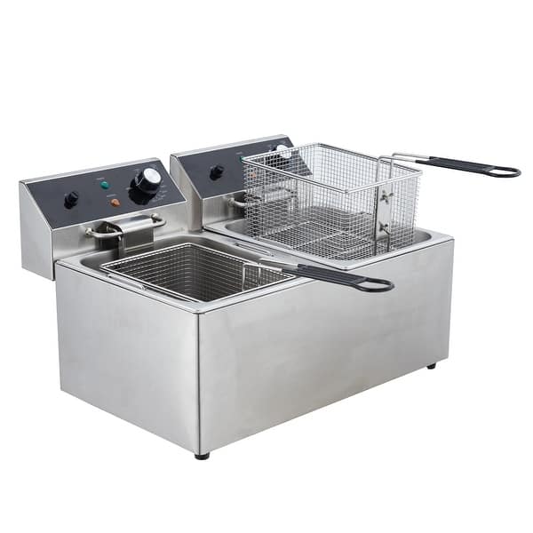 slide 2 of 6, 24L Electric Deep Fryer, Dual Tank Stainless Steel Commercial Fryer with Basket and Lid